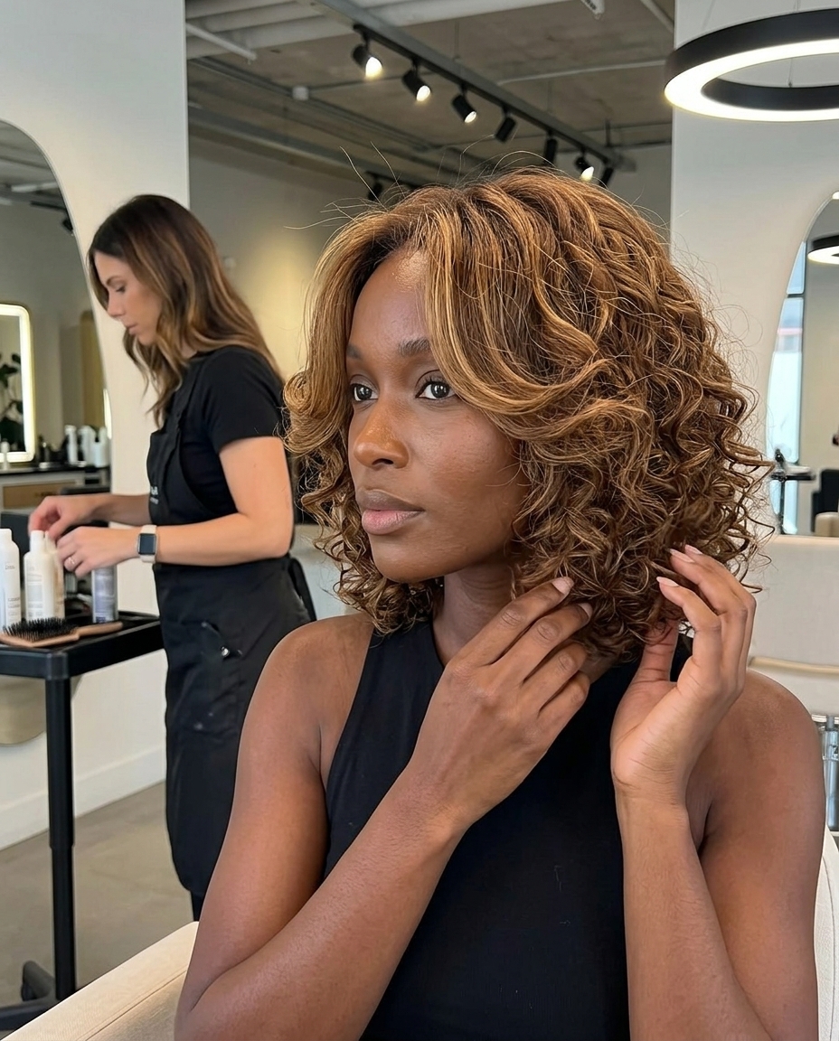 jaw-length curly bob with face-framing layers & golden highlights for playful look