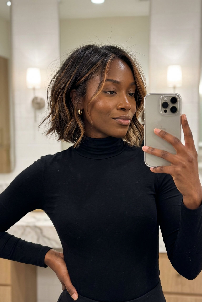 chin-length caramel balayage bob with internal layers and a soft perimeter for brunch