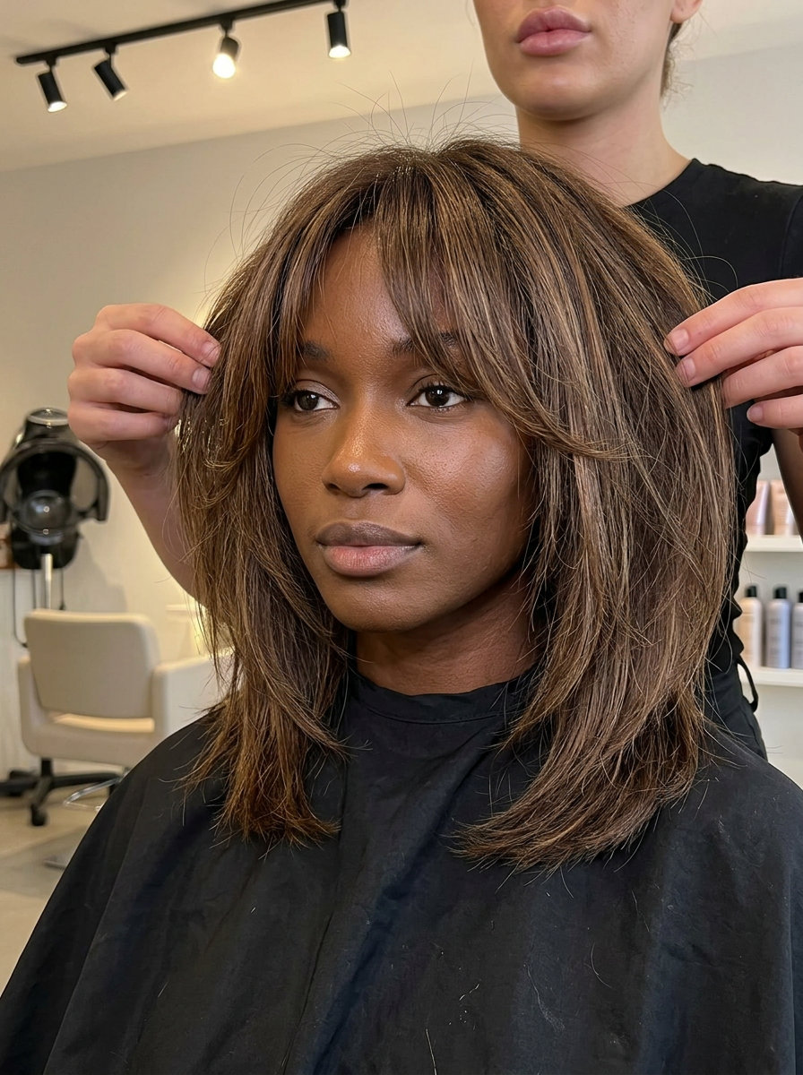 Summer Shag Whisper: Haircut 2026 collarbone-length shag haircut with caramel balayage and curtain bangs for summer 2026