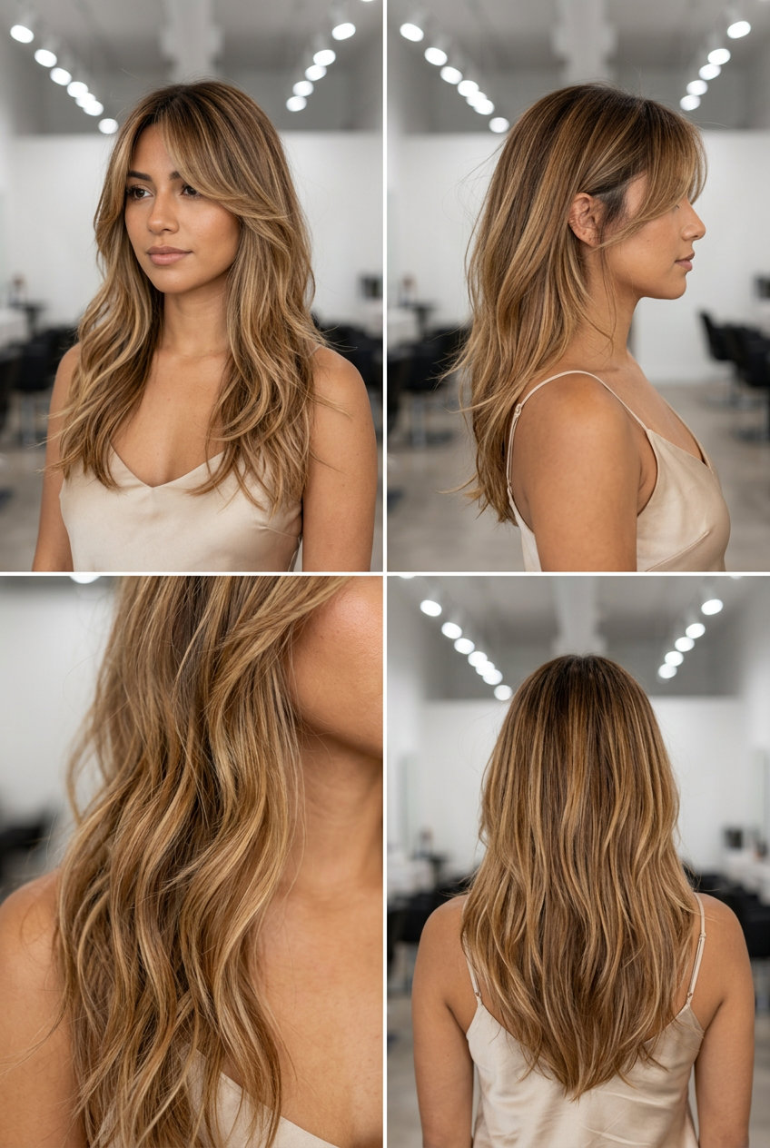 Sun-Kissed Caramel Ripple: Balayage 2026 long layered haircut with caramel and golden blonde balayage, curtain bangs, V-cut back β romantic boho beach vacation