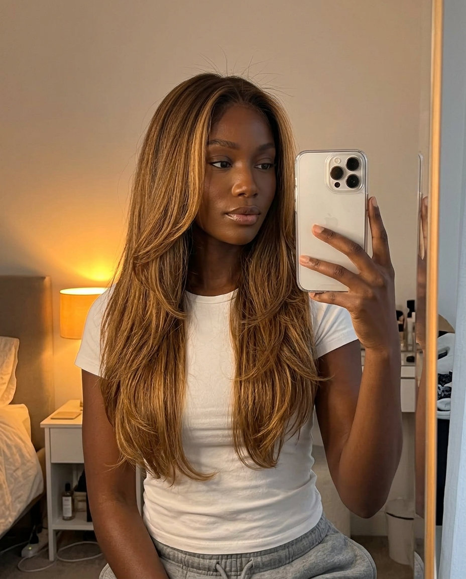 Caramel Balayage Long Waves 2026: Romantic Glam long flowing balayage with caramel and golden honey, soft layers, face-framing β romantic and glamorous