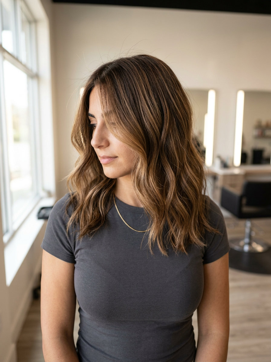 long caramel balayage with warm honey gold and medium brunette base, face-framing pieces — effortless summer melt