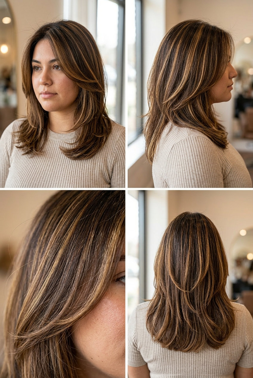 Caramel Swirl Brunette 2026 long brunette hair color with caramel highlights, scattered babylights, no fringe β playful sun-kissed look