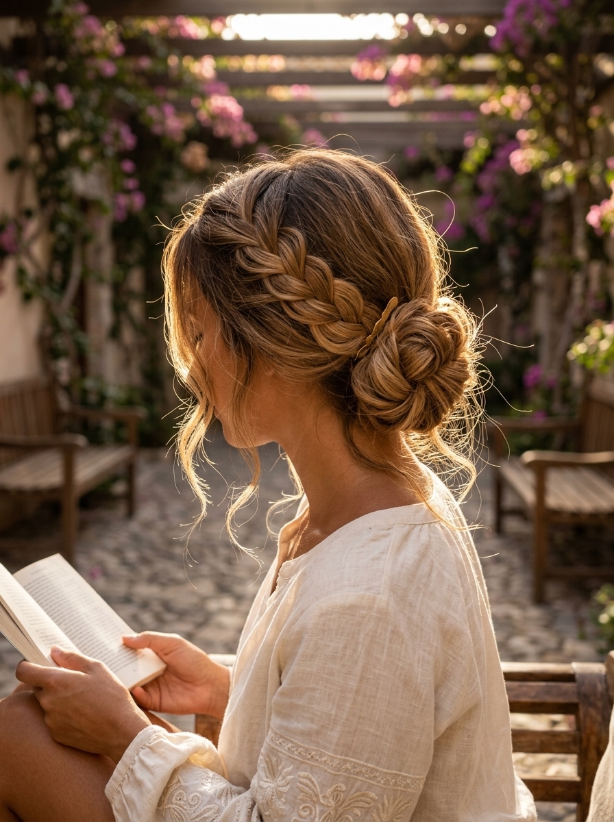 Boho Braided Bun: Summer 2026 Wavy Hairstyle long wavy low bun with caramel ombrΓ©, pancaked braid, for casual weekend brunch