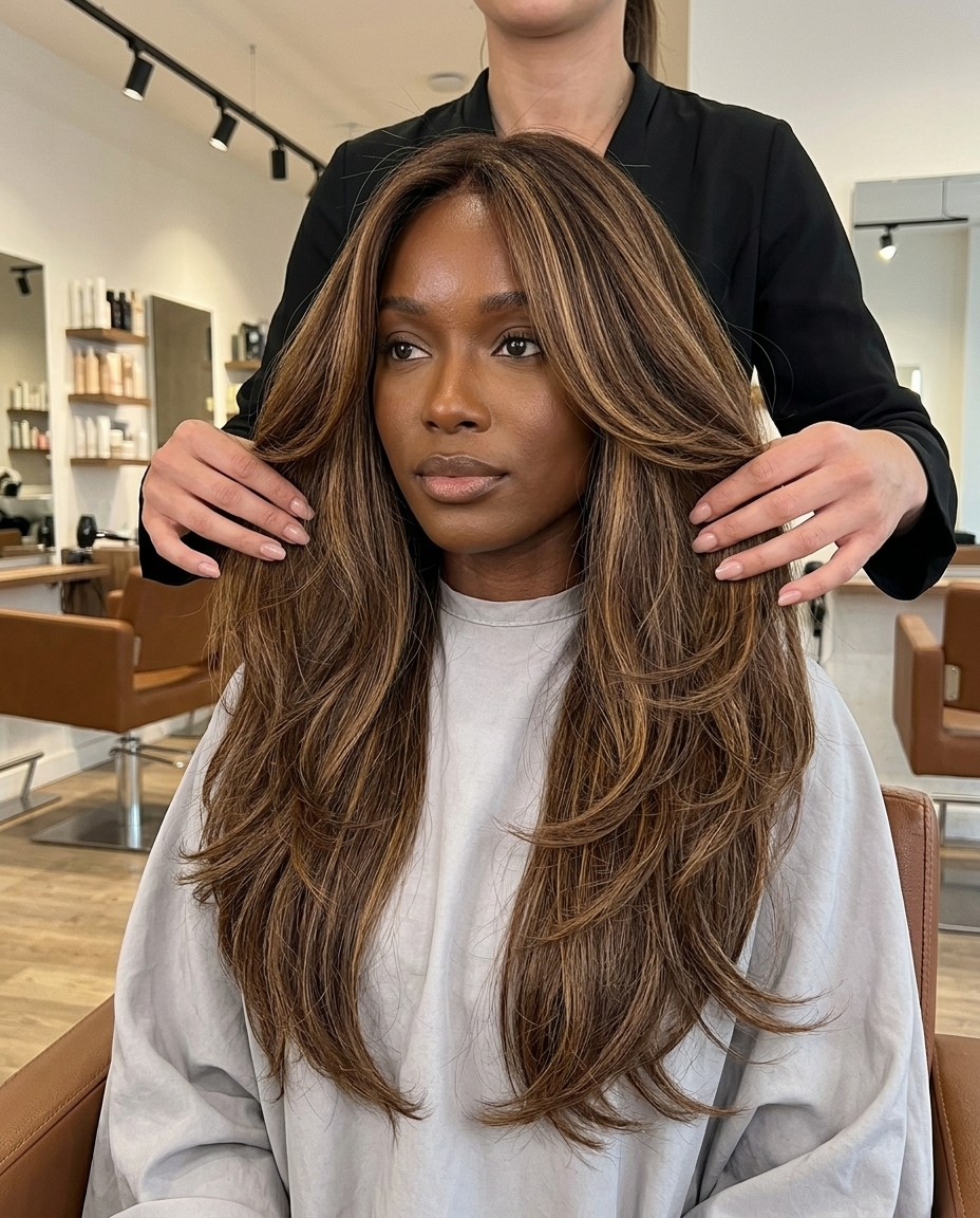 long layered haircut with caramel and golden honey balayage, face-framing pieces — romantic date night