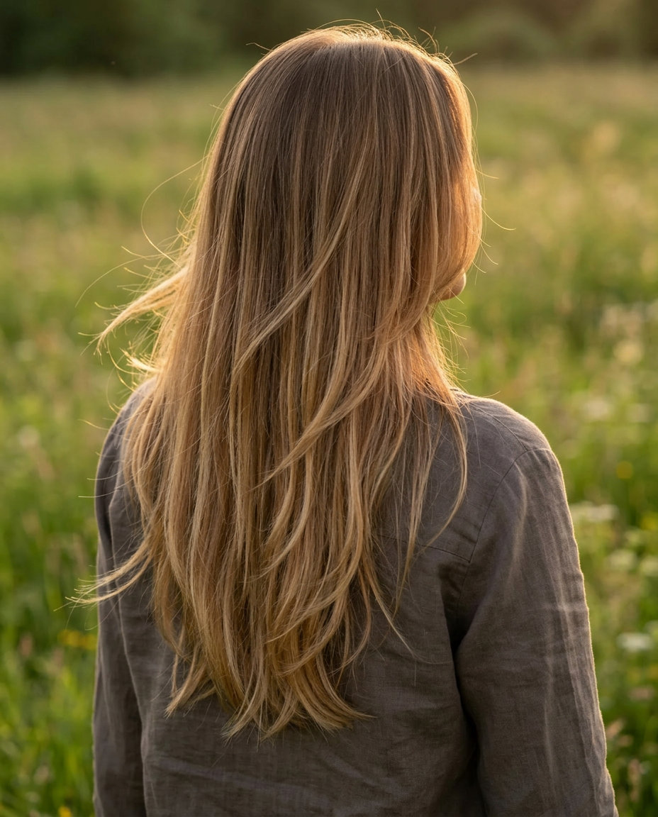 Summer 2026 Long Layered Haircut with Caramel OmbrΓ© long V-cut layered haircut with warm caramel ombrΓ©, diffused transition, no bangs β romantic summer 2026