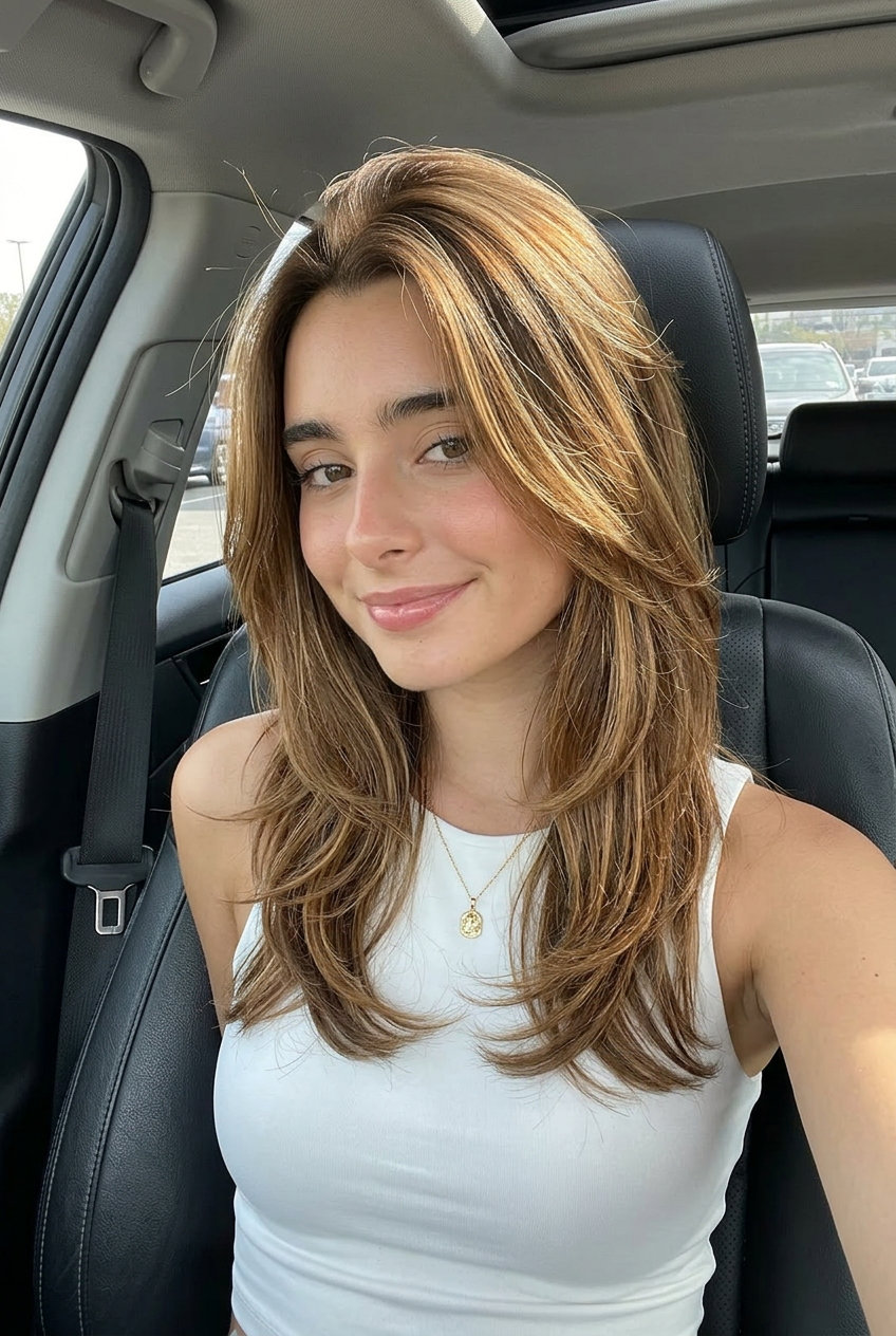 Caramel Swirl Balayage Highlights 2026 caramel highlights on chocolate brown base, balayage technique for summer 2026