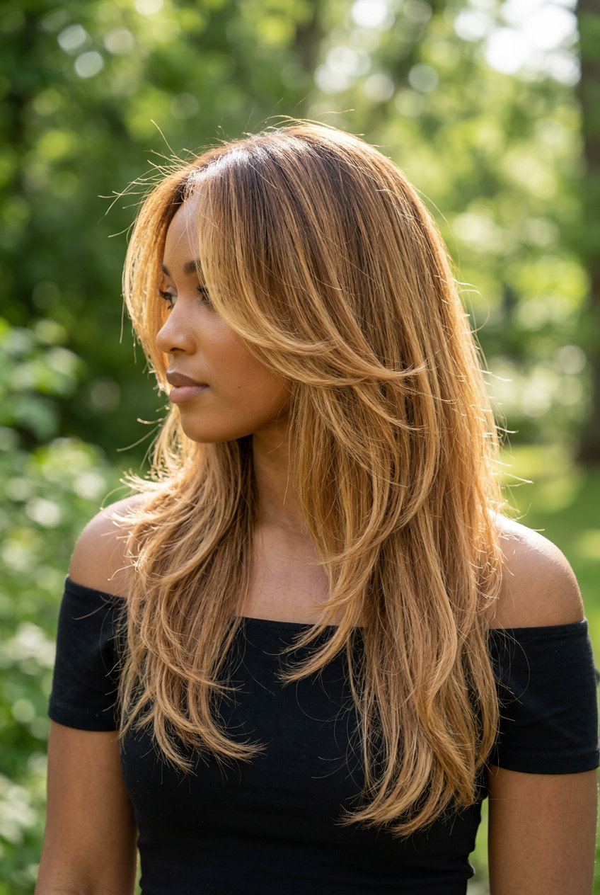 long butterfly haircut with warm caramel ombré, honey blonde face-framing, no bangs — glamorous date night