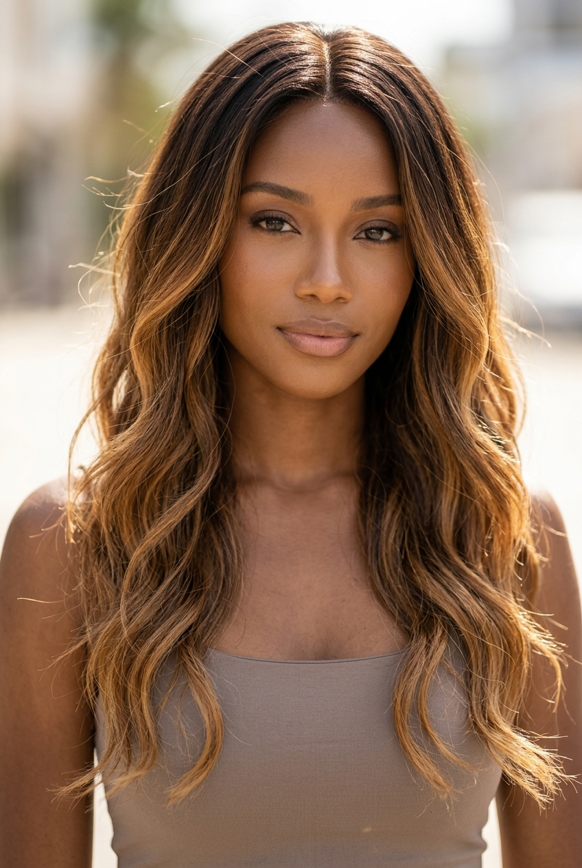 long U-shaped haircut with caramel ombre, soft internal layers for beachy waves