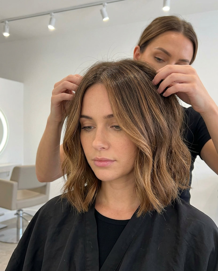 shoulder-length bob with toasted caramel balayage, face-framing highlights, no fringe — playful