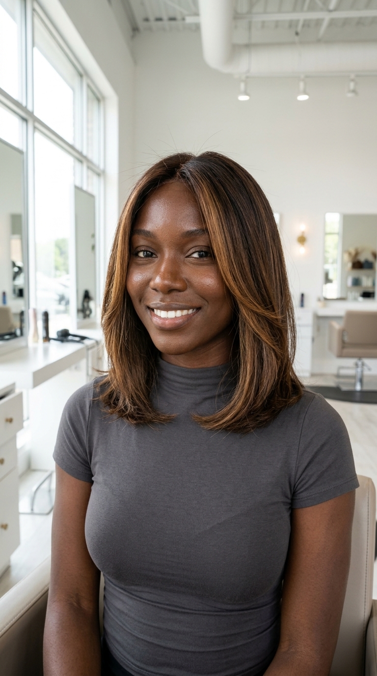 shoulder-length lob with warm caramel balayage on chocolate brown, diffused internal layers, face-framing pieces — sun-kissed, effortless