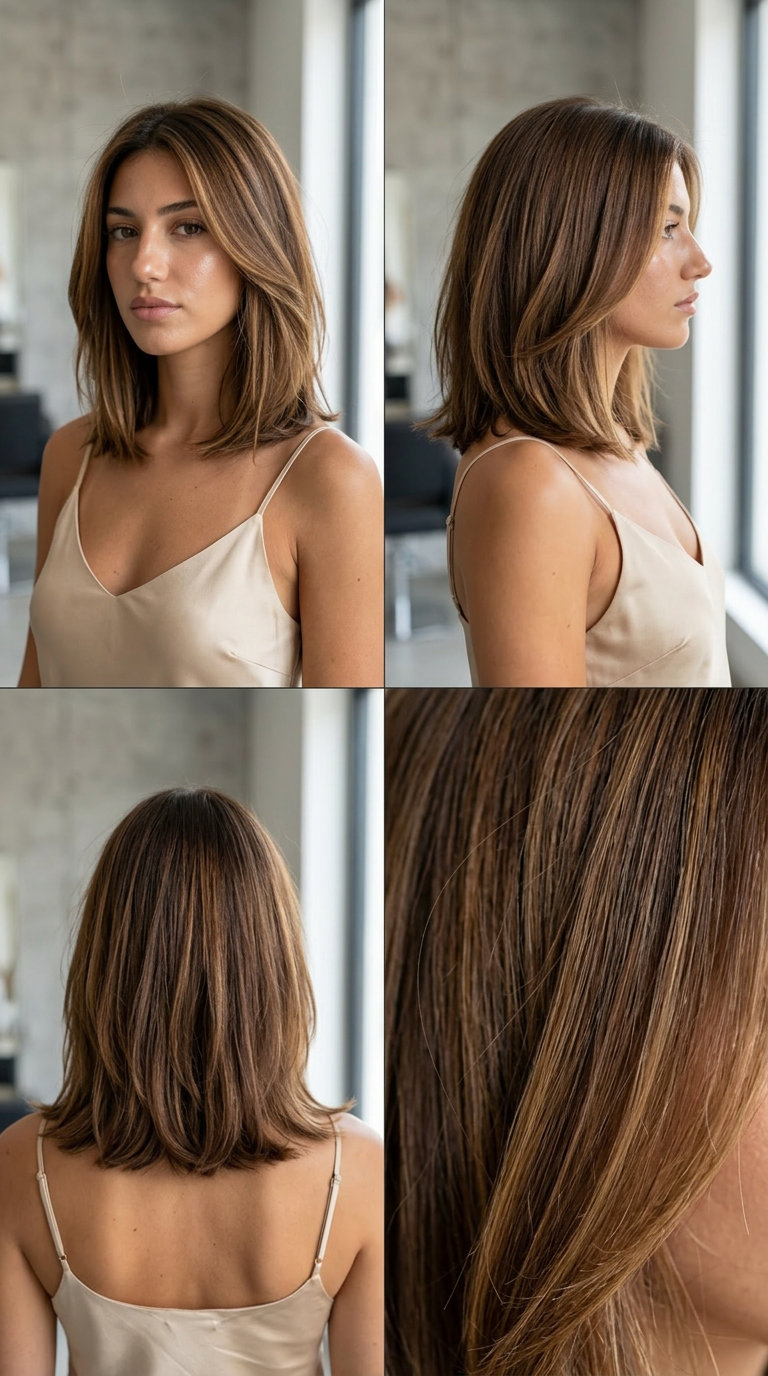 Summer 2026 Tousled Brunette Lob with Caramel Highlights shoulder-length lob haircut with caramel brown color, chocolate lowlights, babylights β playful effortless 2026