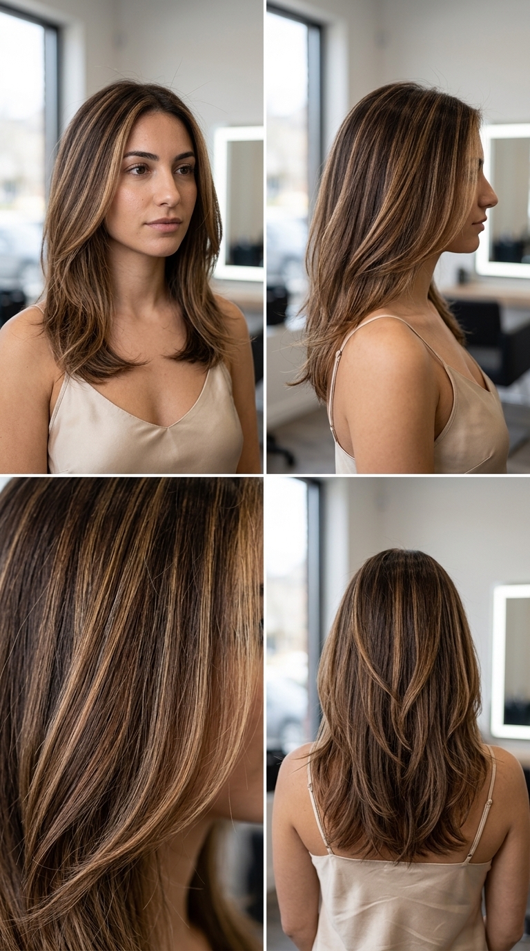 long layered hair with caramel swirl balayage, golden bronze ribbons, no fringe — dimensional