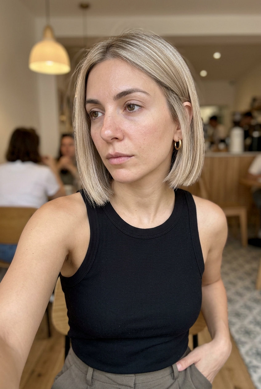 chin-length neutral champagne blonde blunt bob with beige micro-foils, root smudge — sophisticated luxurious formal