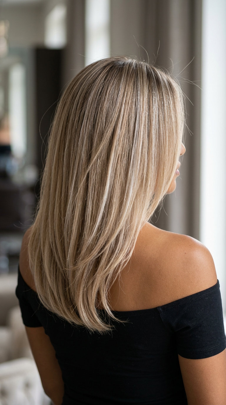 long cool beige and golden blonde balayage with platinum ribbons and root smudge for professional settings