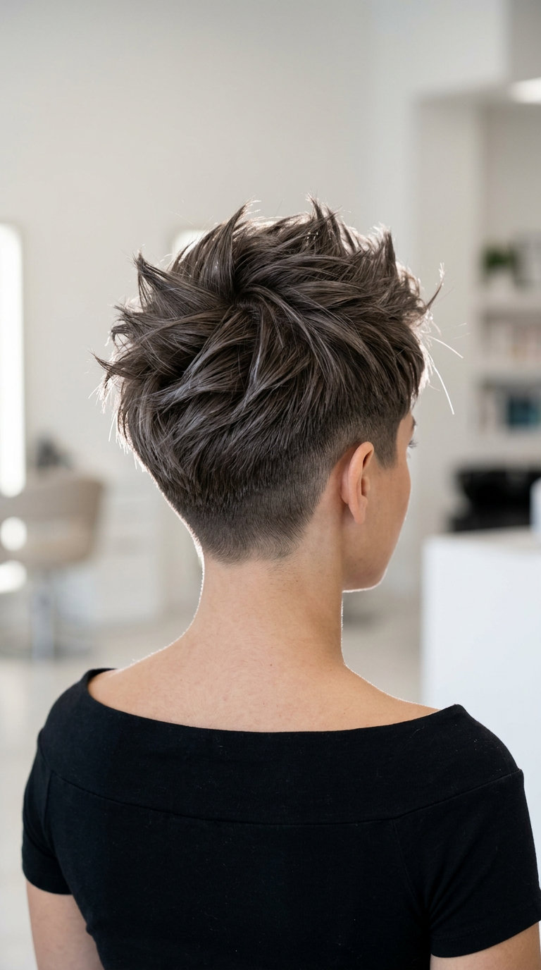 short spiky haircut with charcoal mushroom brown, undercut, razored spikes — edgy bold punk style