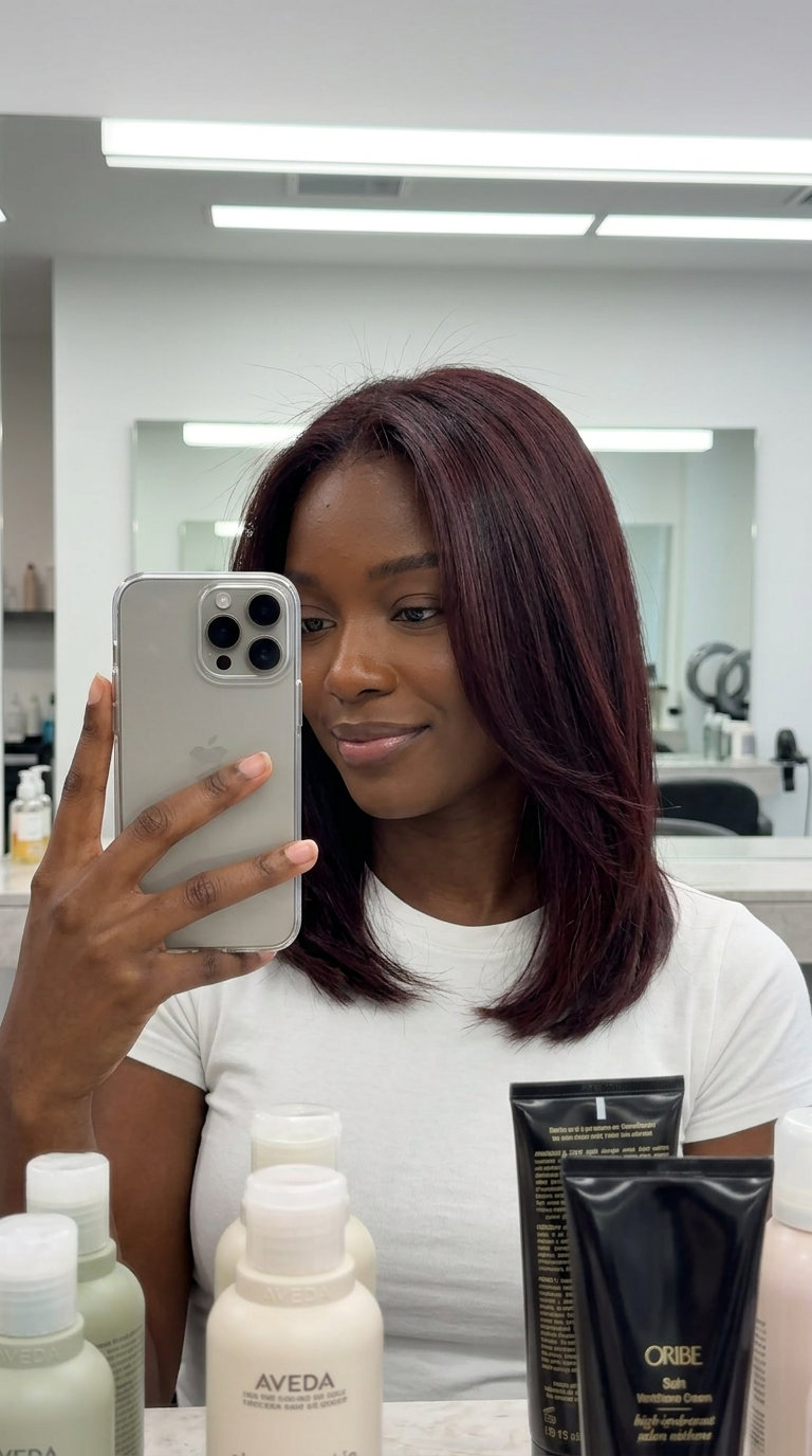 medium blunt cut auburn hair color with cherry red and violet undertones, root smudge, sultry mood
