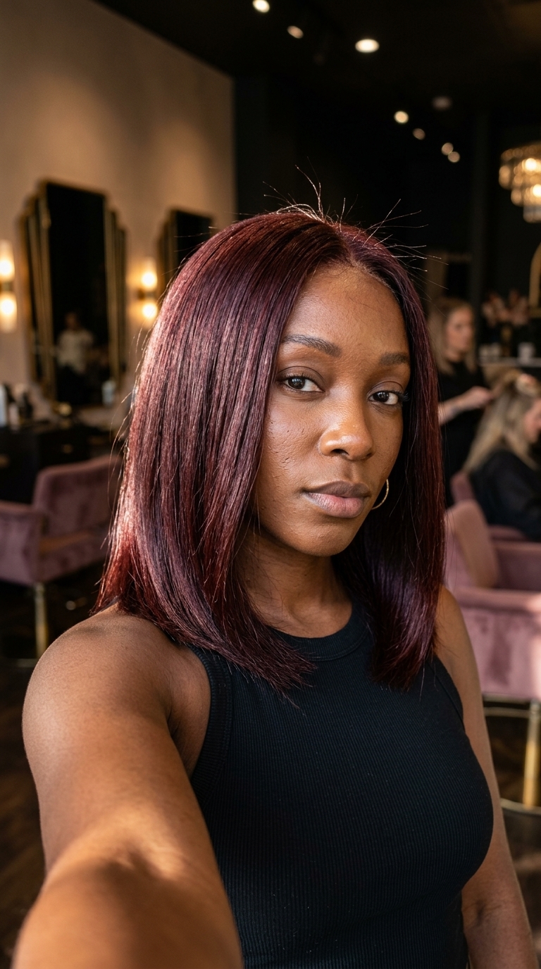 shoulder-length lob auburn hair color with violet-red tones, single process application, sophisticated mood