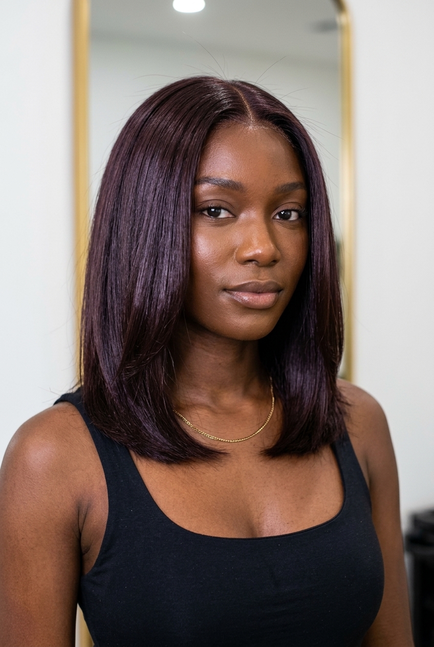 layered lob glossy cherry cola auburn hair, high gloss — sophisticated summer style