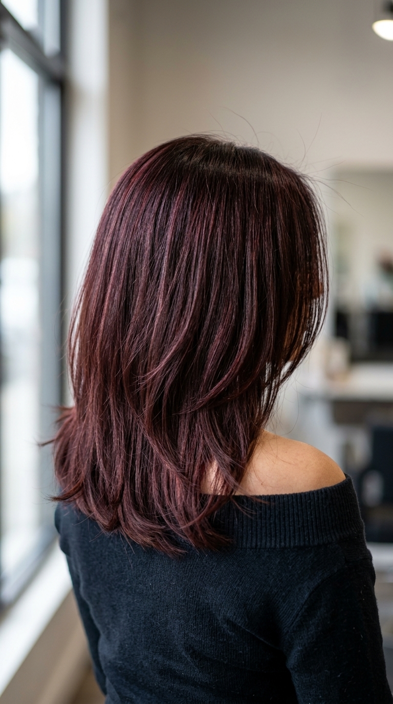 long layered hair deep cherry cola red with chocolate brunette base for date night