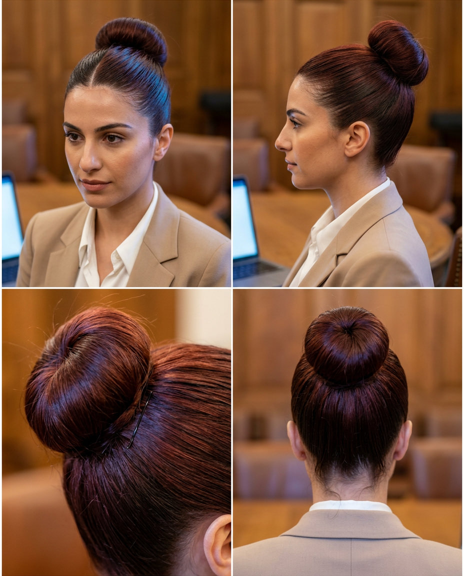 long cherry cola brunette slick bun with center part and high gloss for summer wedding