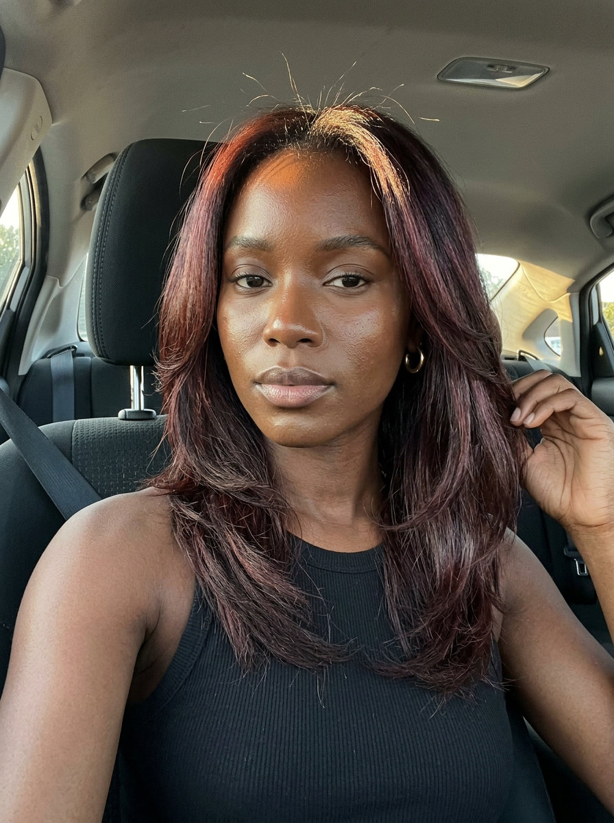 long layered haircut with cherry cola brunette, violet-red undertones — bohemian summer waves