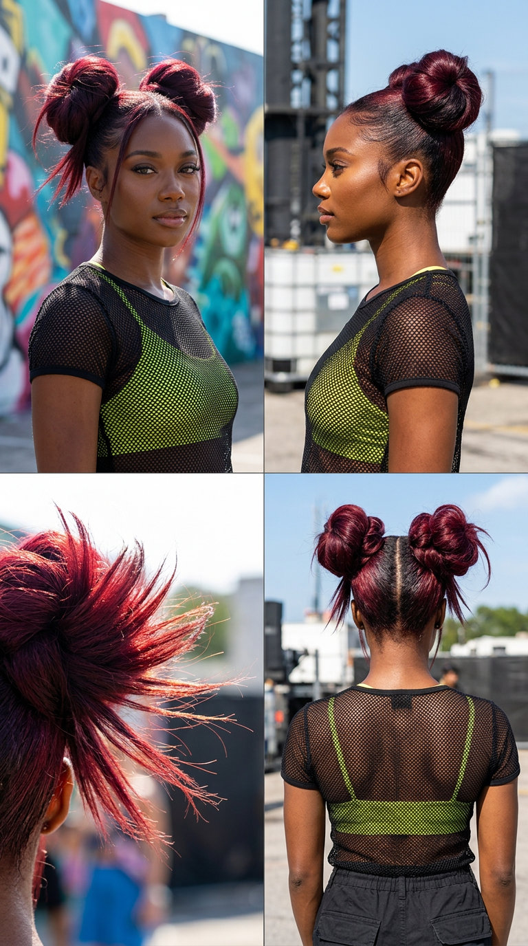 long spiky bun updo with cherry cola red, razored layers — outdoor music festival