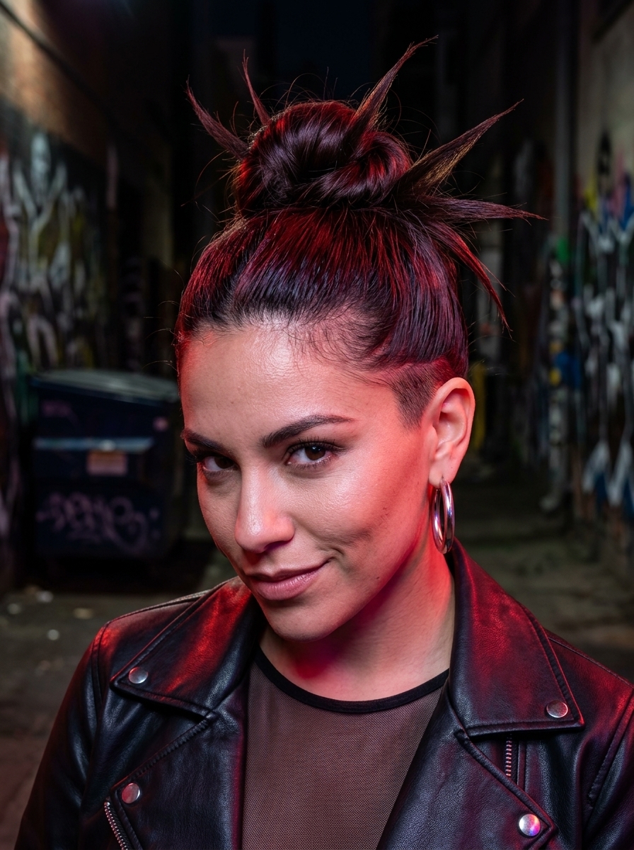 medium cherry cola brunette spiky undercut bun with razored layers for music festival