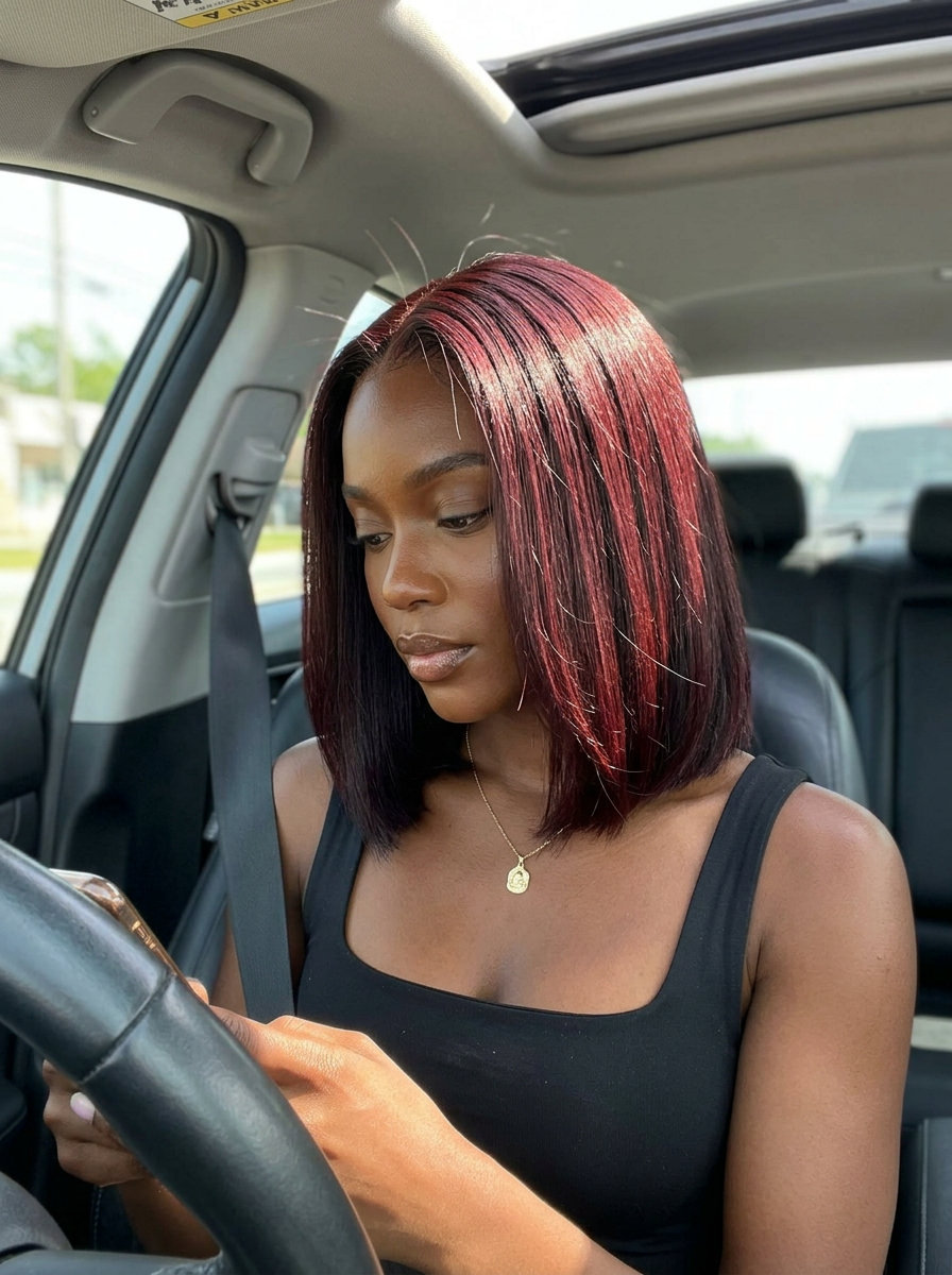 Summer 2026 Cherry Cola Gloss Lob with Blunt Cut mid-length lob haircut with cherry cola gloss, blunt cut, no bangs β bold sultry 2026