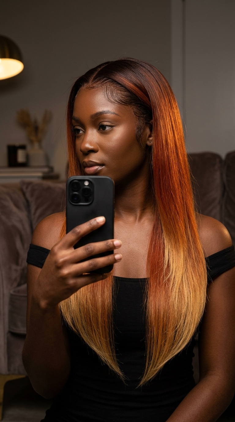 long haircut with cherry cola ombré, copper, golden blonde, V-cut — dramatic statement look