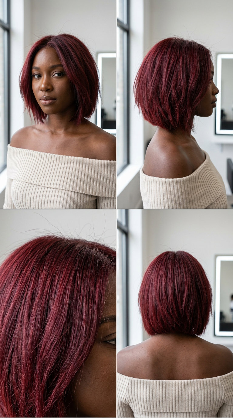 chin-length bob in cherry cola red with choppy texture and optional wispy fringe for girls' night out