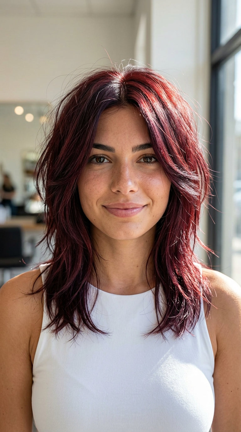 collarbone-length shag haircut with deep violet-red, choppy layers, wispy bangs for music festival