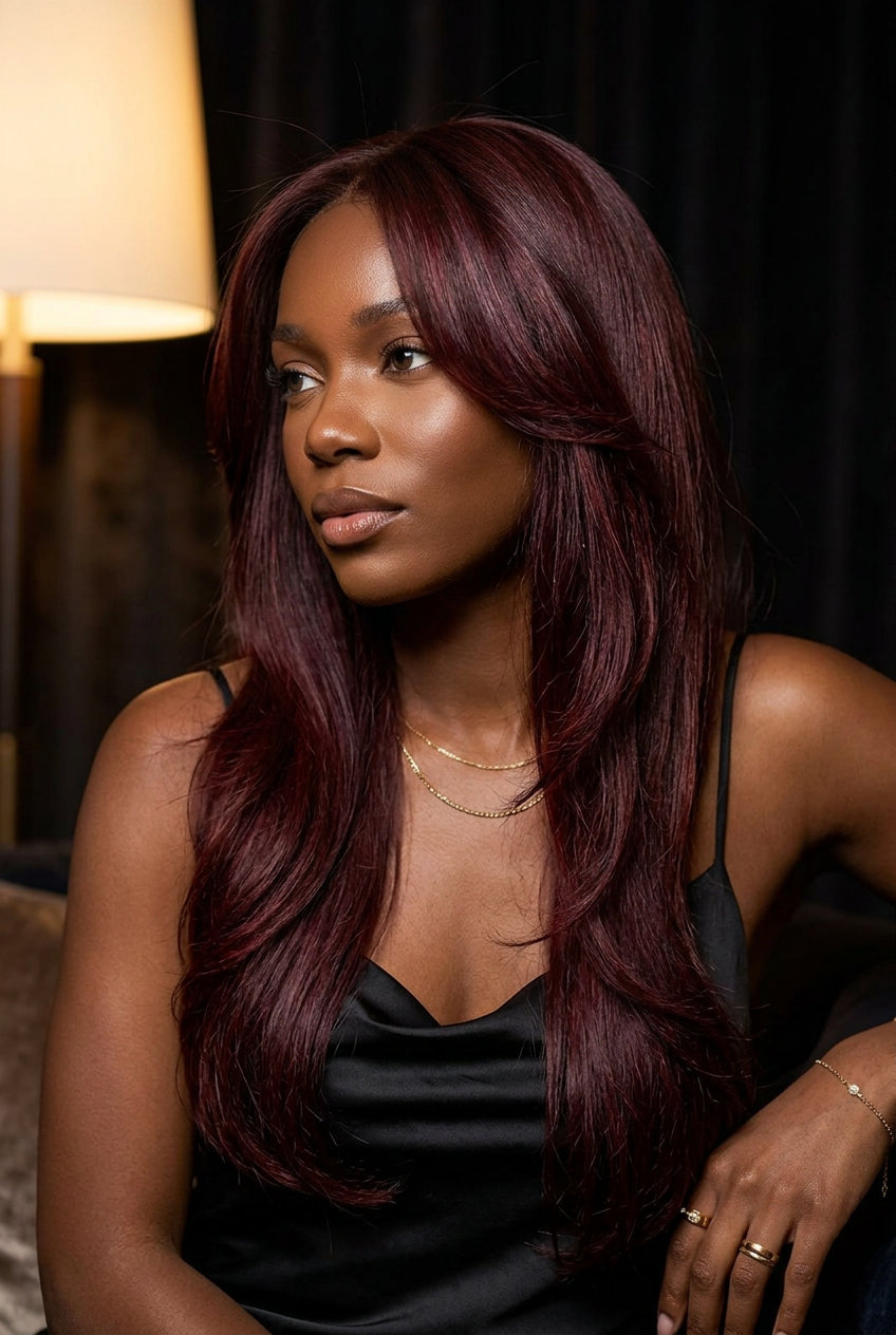 long cascading haircut in cherry cola red with seamless layers and deep side part for date night