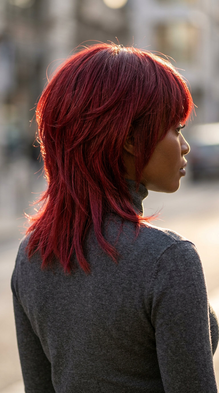 mid-length shullet haircut in cherry cola red with choppy layers and wispy bangs for music festivals
