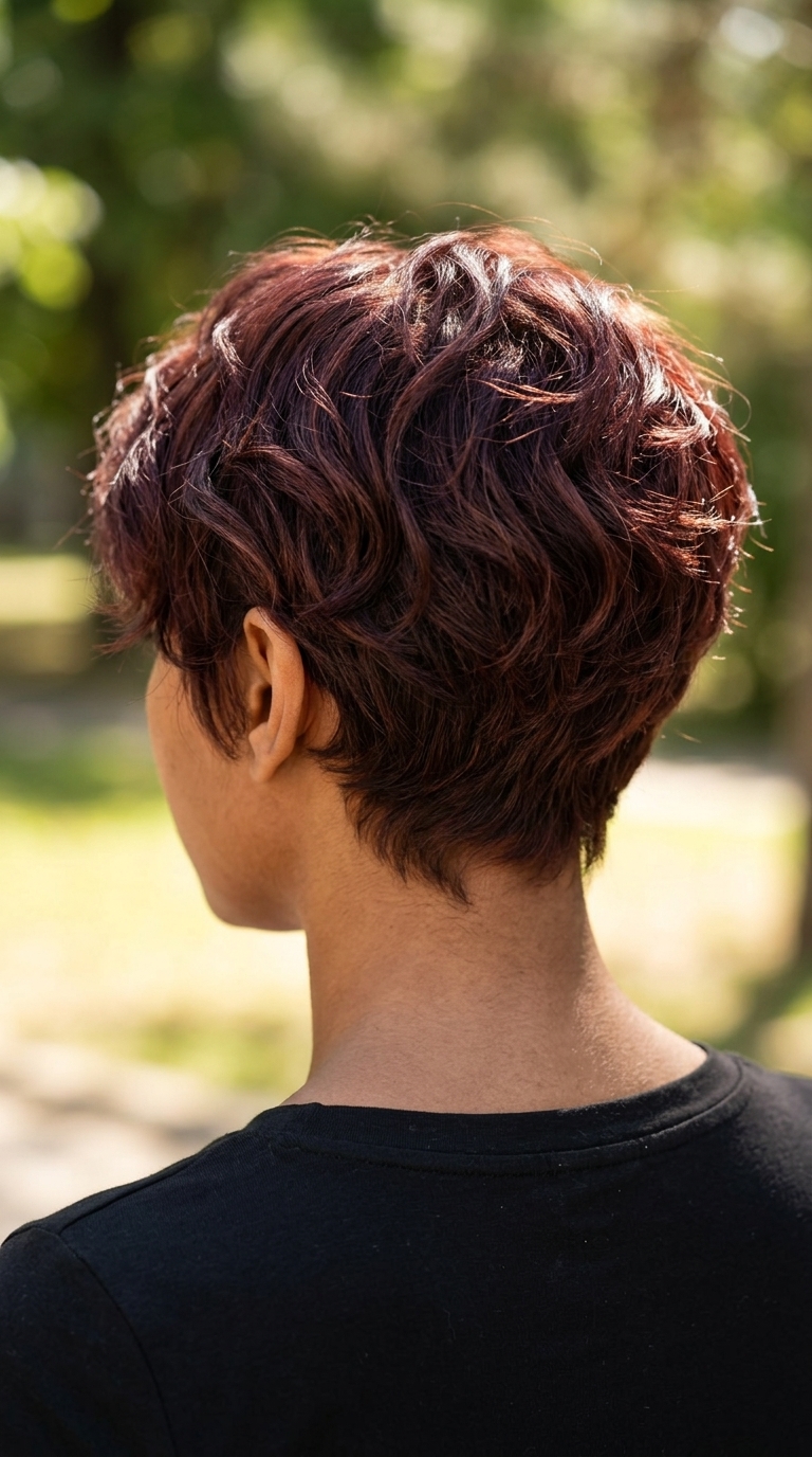 very short pixie haircut in cherry cola red with burgundy highlights and textured fringe for vibrant curls