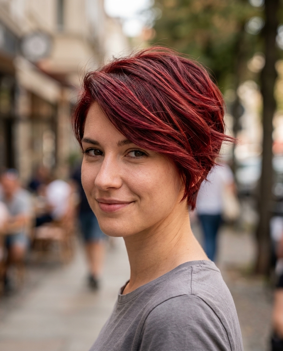 very short pixie haircut in cherry cola red with violet undertones and textured layers for bold looks