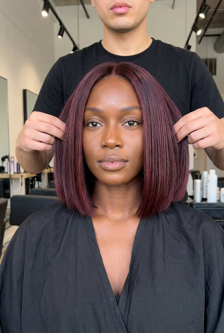 Glazed Cherry Cola Bob 2026: Bold & Sleek short cherry cola bob with red-violet undertones, blunt cut, no bangs β bold and sleek
