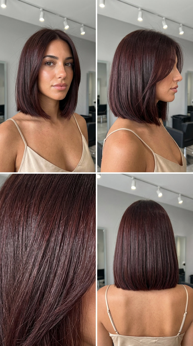 Midnight Cherry Bob 2026: Bold & Mysterious short cherry cola bob with red-violet undertones, blunt cut, side-swept fringe β bold and sleek