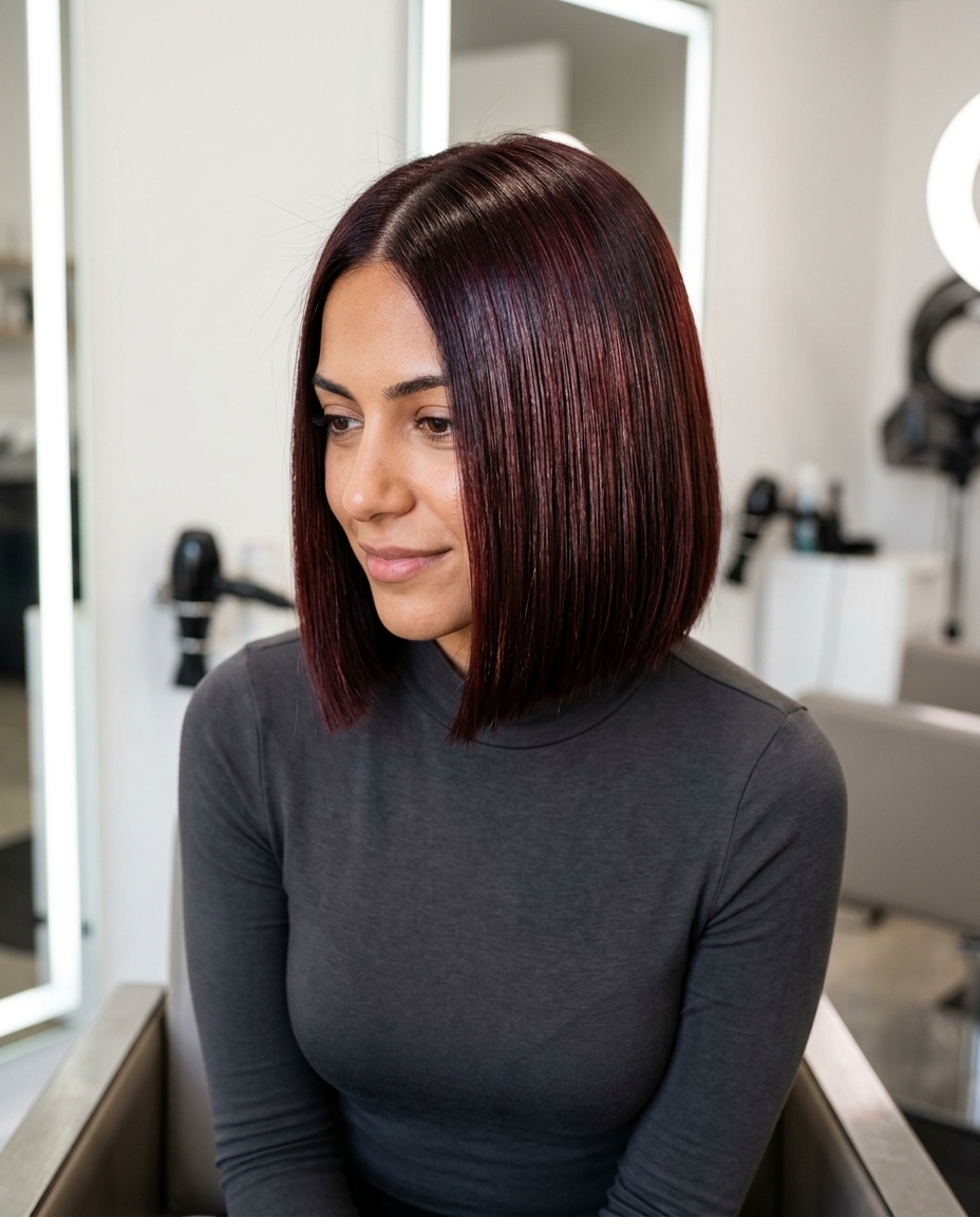 short laser-cut bob with deep cherry cola red, razor-sharp blunt perimeter, no fringe — bold modern