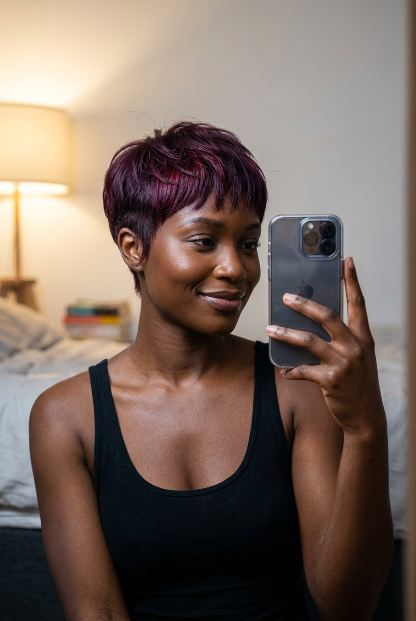 short cherry cola pixie cut with razored layers and choppy bangs for festivals