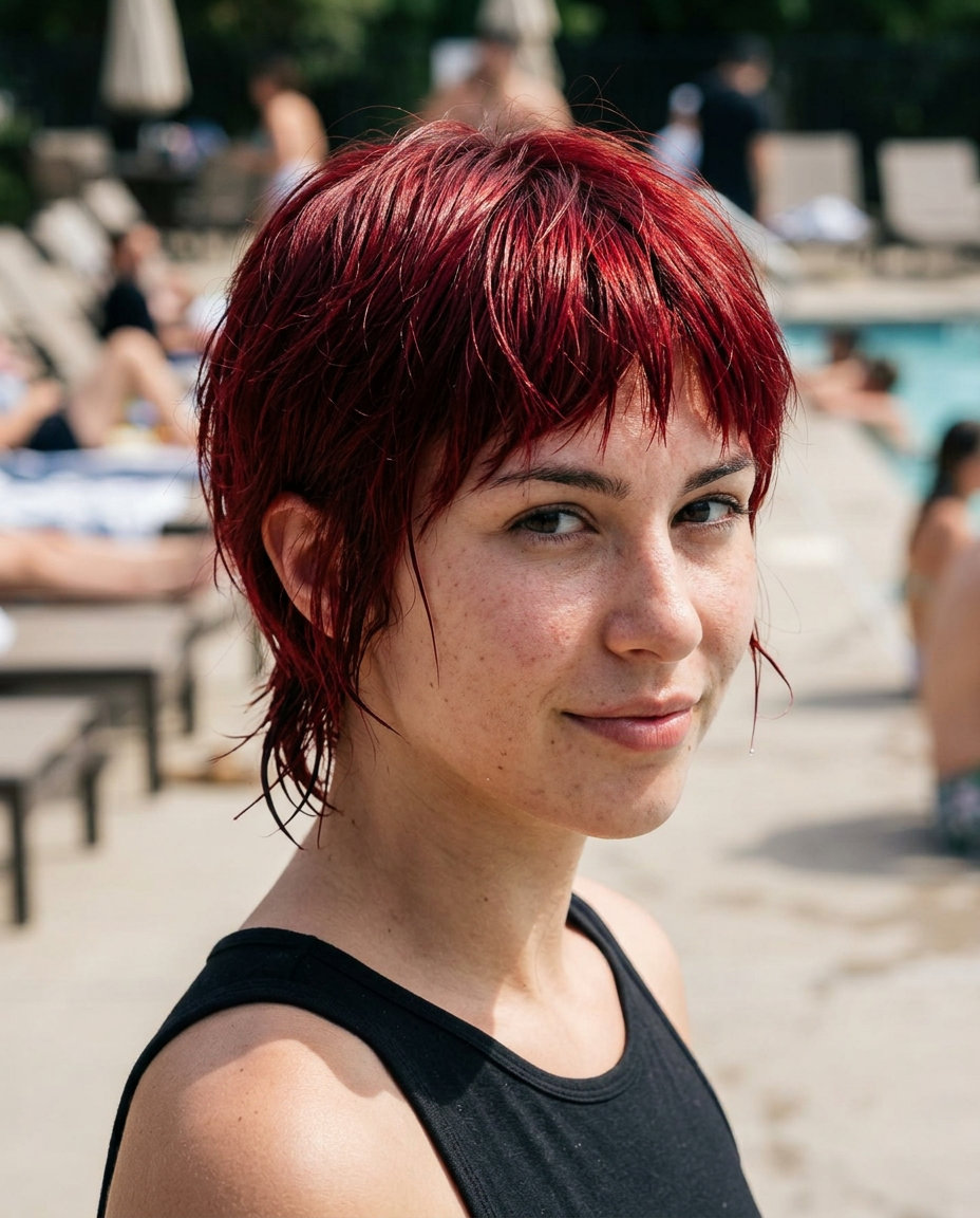 short cherry cola pixie shag with violet undertones and wispy fringe