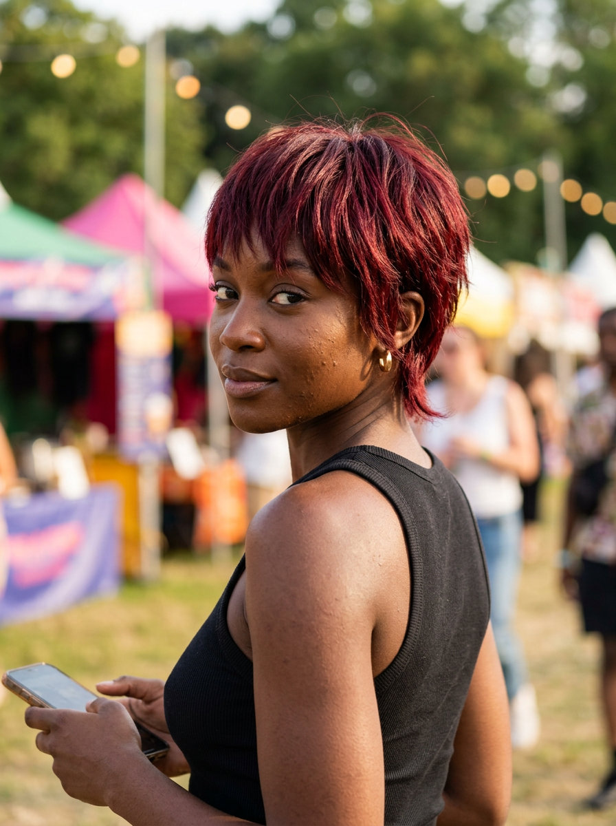 short shag haircut deep cherry cola with red-violet reflects, razored layers, piecey fringe — bold edgy