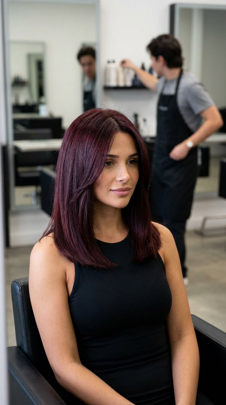 shoulder-length midi with blunt ends and deep cherry cola global color for professional