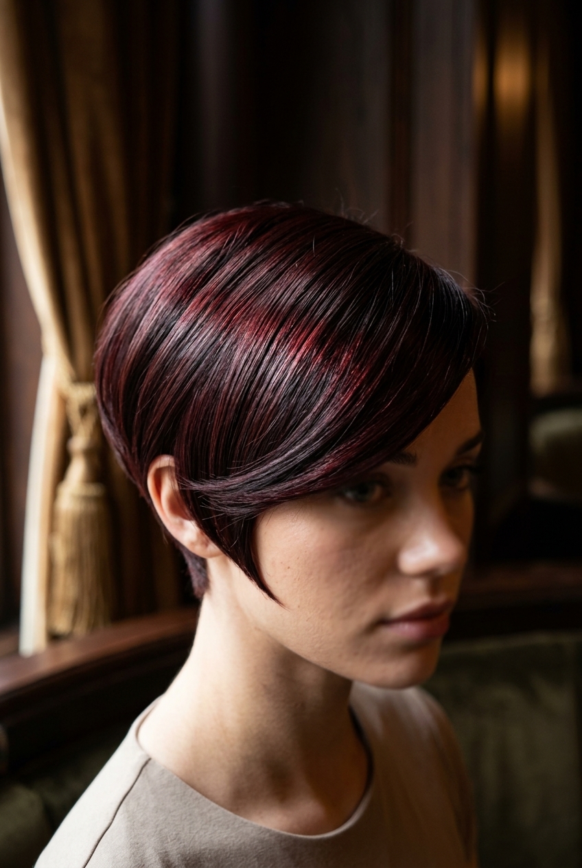 very short pixie haircut in deep dark cherry red with plum undertones, sculpted shape and tapered sides — bold and sophisticated