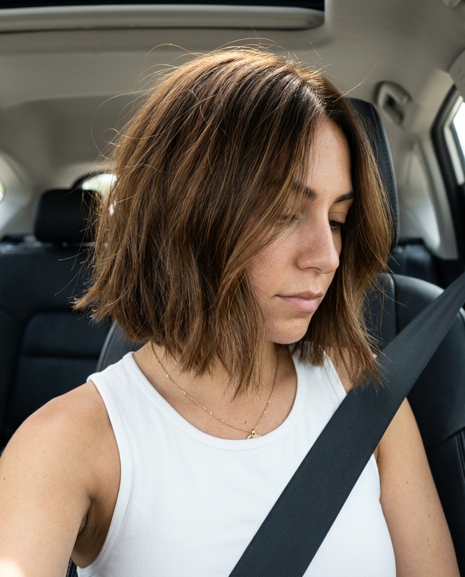 neck-length chestnut brunette bob with blunt ends & subtle internal layers for chic look