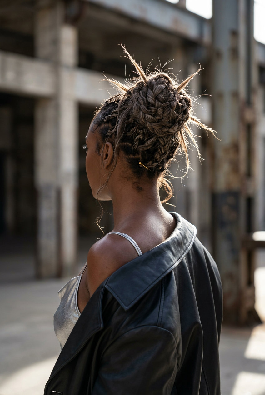 medium chocolate bronde spiky bun with razored layers for music festival