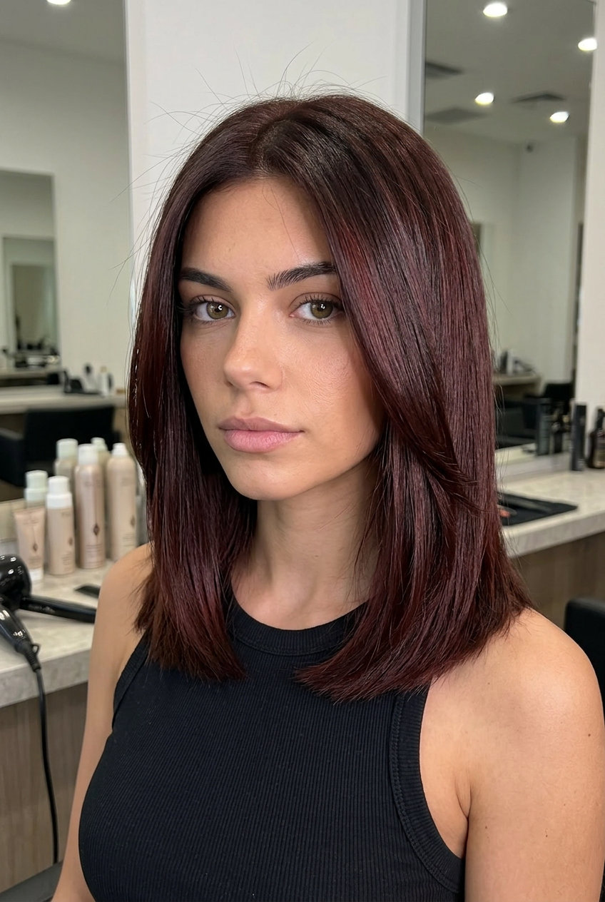 long blunt cut with deep chocolate brown and cherry-red undertones for date night