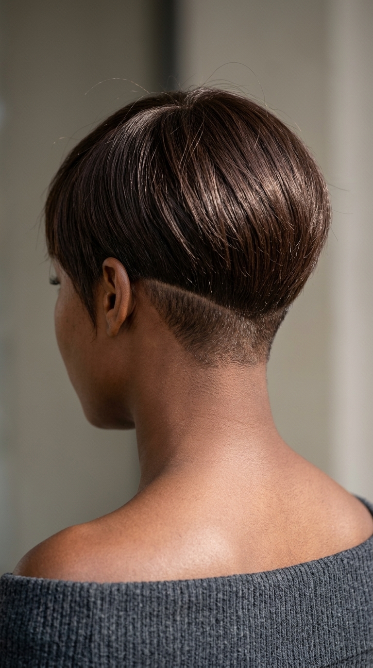 short haircut with deep chocolate brown, undercut, face-framing pixie top — edgy, bold