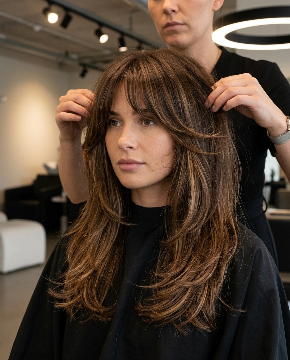long shag haircut in warm chocolate brunette with caramel ribbons, feathery curtain bang — effortless, bohemian
