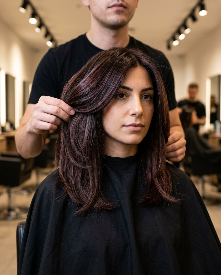 long layered deep chocolate cherry balayage with subtle burgundy for summer 2026